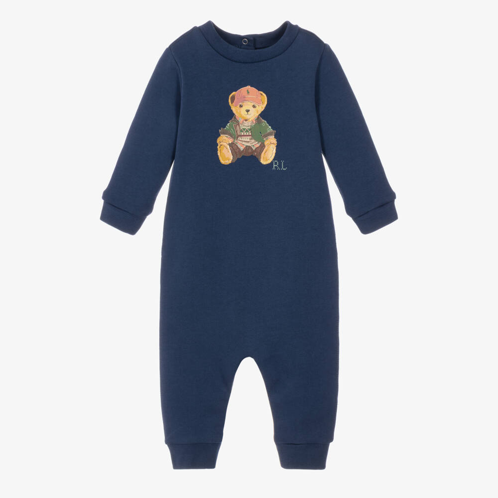 Ralph Lauren-Boys Navy Blue Polo Bear Jersey Romper  | Childrensalon