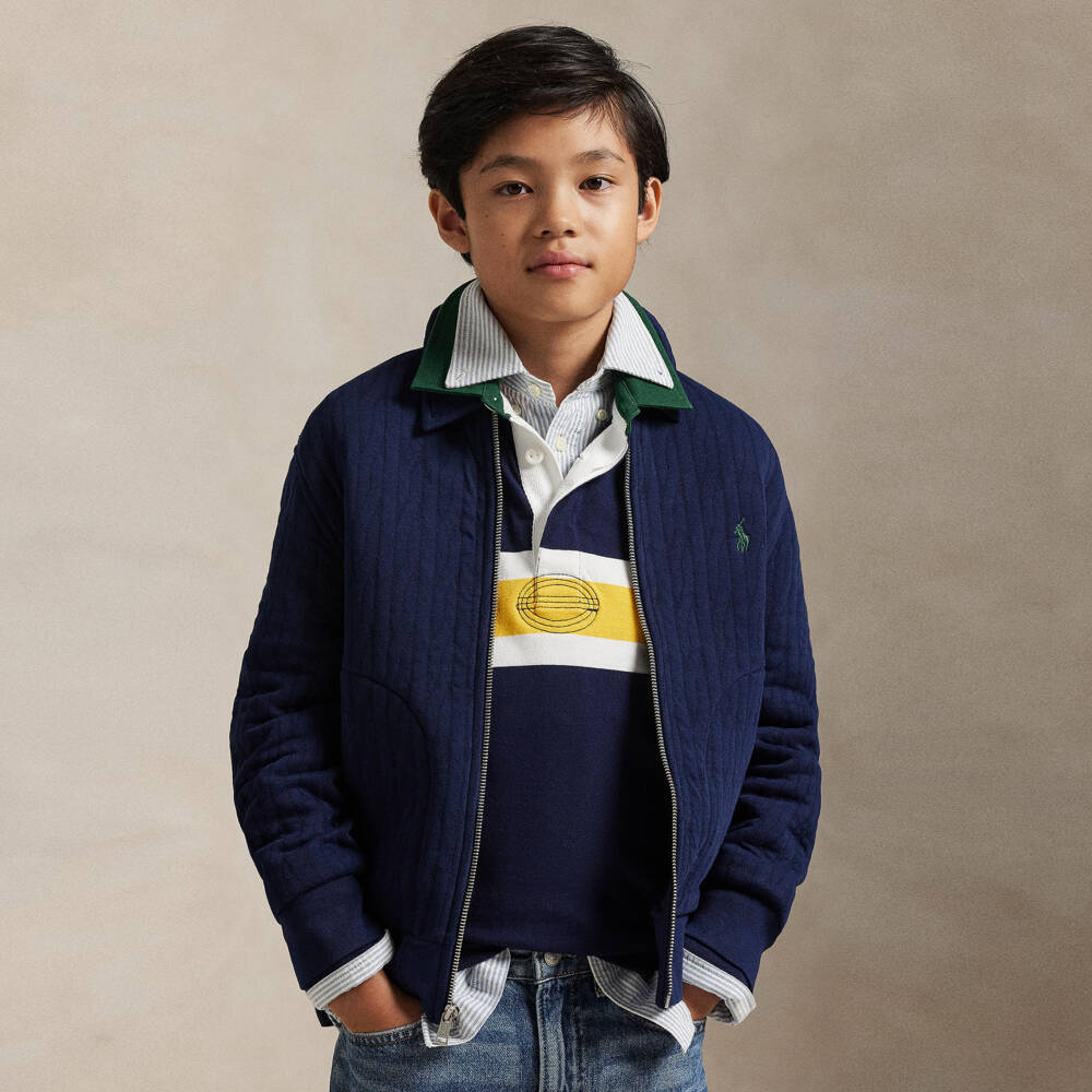 Ralph Lauren-Boys Navy Blue Quilted Cotton Jersey Zip-Up Top | Childrensalon