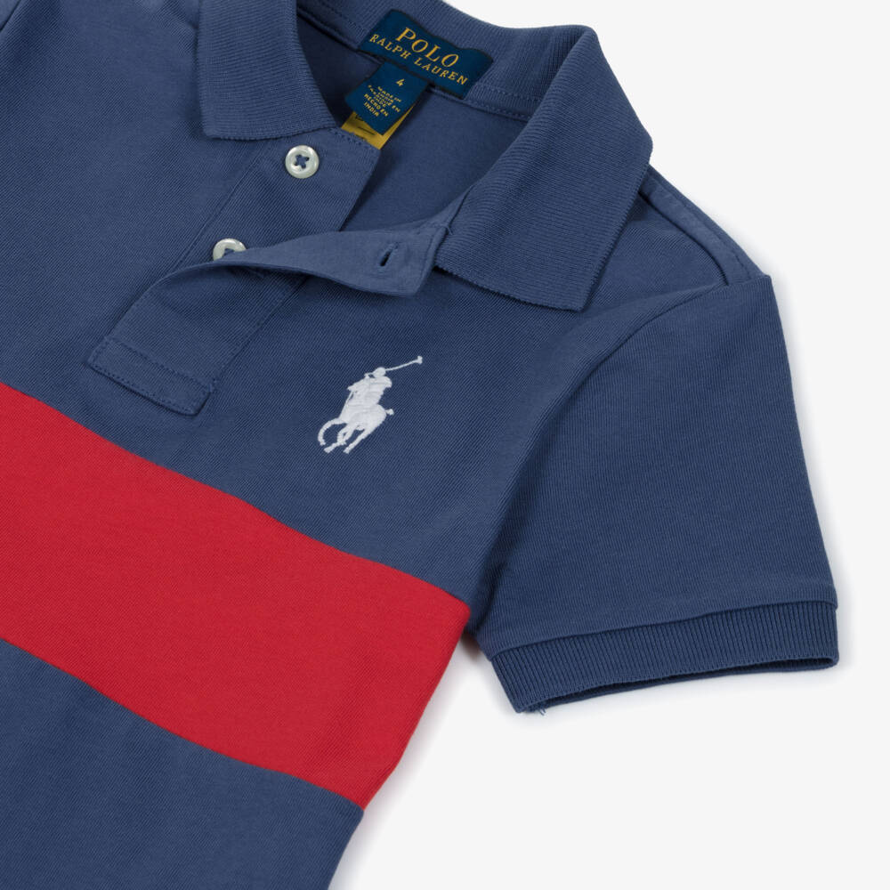 Ralph Lauren-Boys Navy Blue & Red Stripe Polo Shirt with Big Pony Logo | Childrensalon