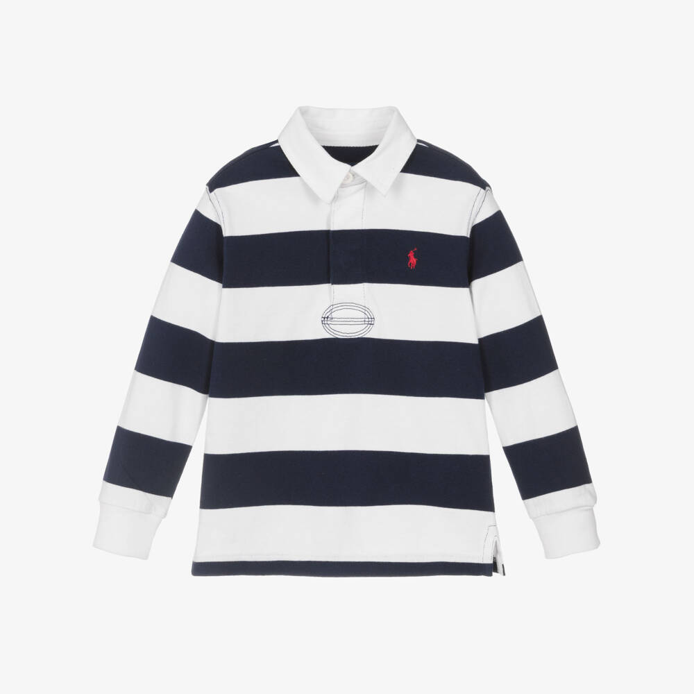 Ralph Lauren-توب رغبي مقلم قطن جيرسي لون كحلي وأبيض للأولاد | Childrensalon