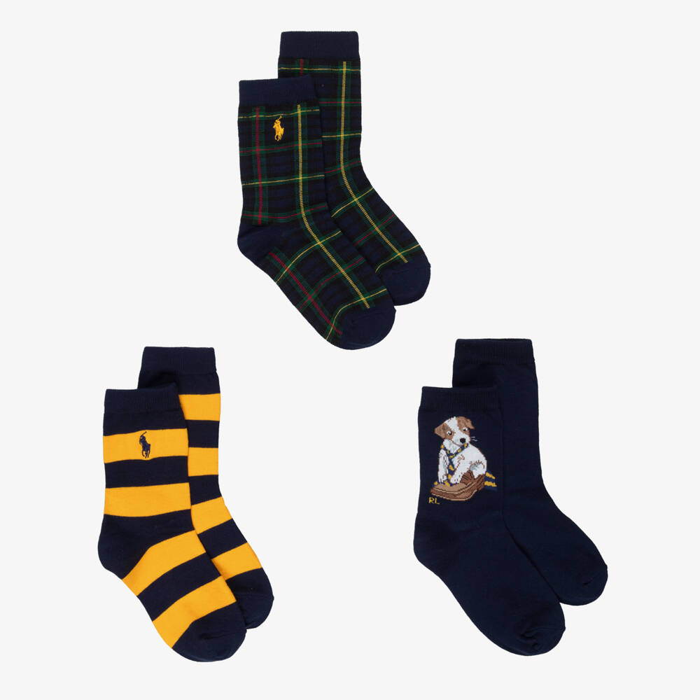 Ralph Lauren-Boys Navy Blue & Yellow Knitted Socks with Dog Motif (3 Pack) | Childrensalon