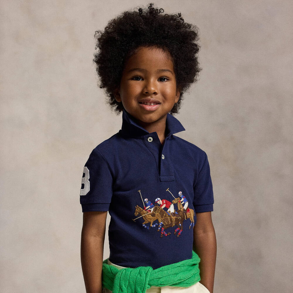 Ralph Lauren-قميص بشعار الحصان الثلاثي قطن بيكيه لون كحلي للأولاد | Childrensalon