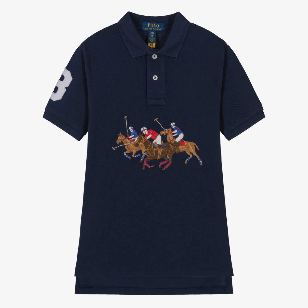 Ralph Lauren-قميص بشعار الحصان الثلاثي قطن بيكيه لون كحلي للأولاد | Childrensalon