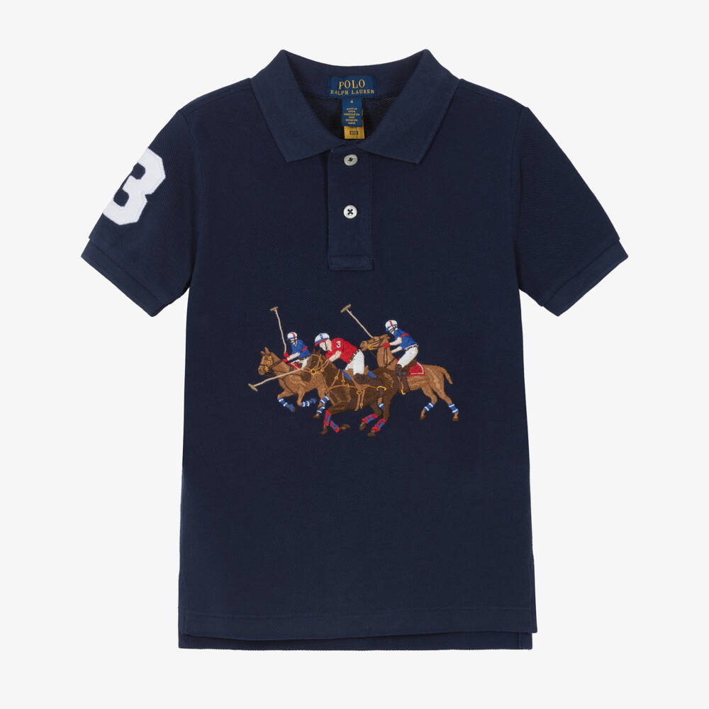 Ralph Lauren-Рубашка поло синяя из хлопкового пике с тройным логотипом пони для мальчиков  | Childrensalon