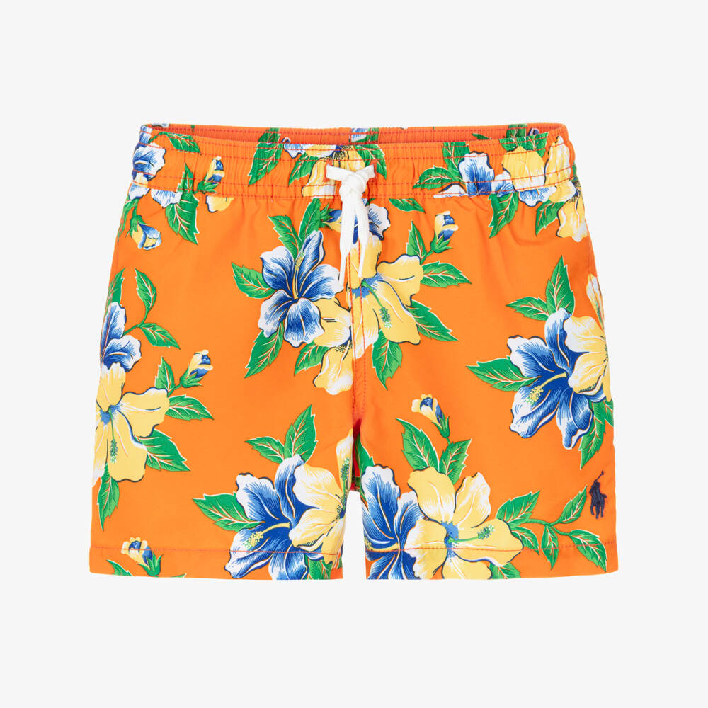 Ralph Lauren-Boys Orange Hibiscus Print Swim Shorts | Childrensalon