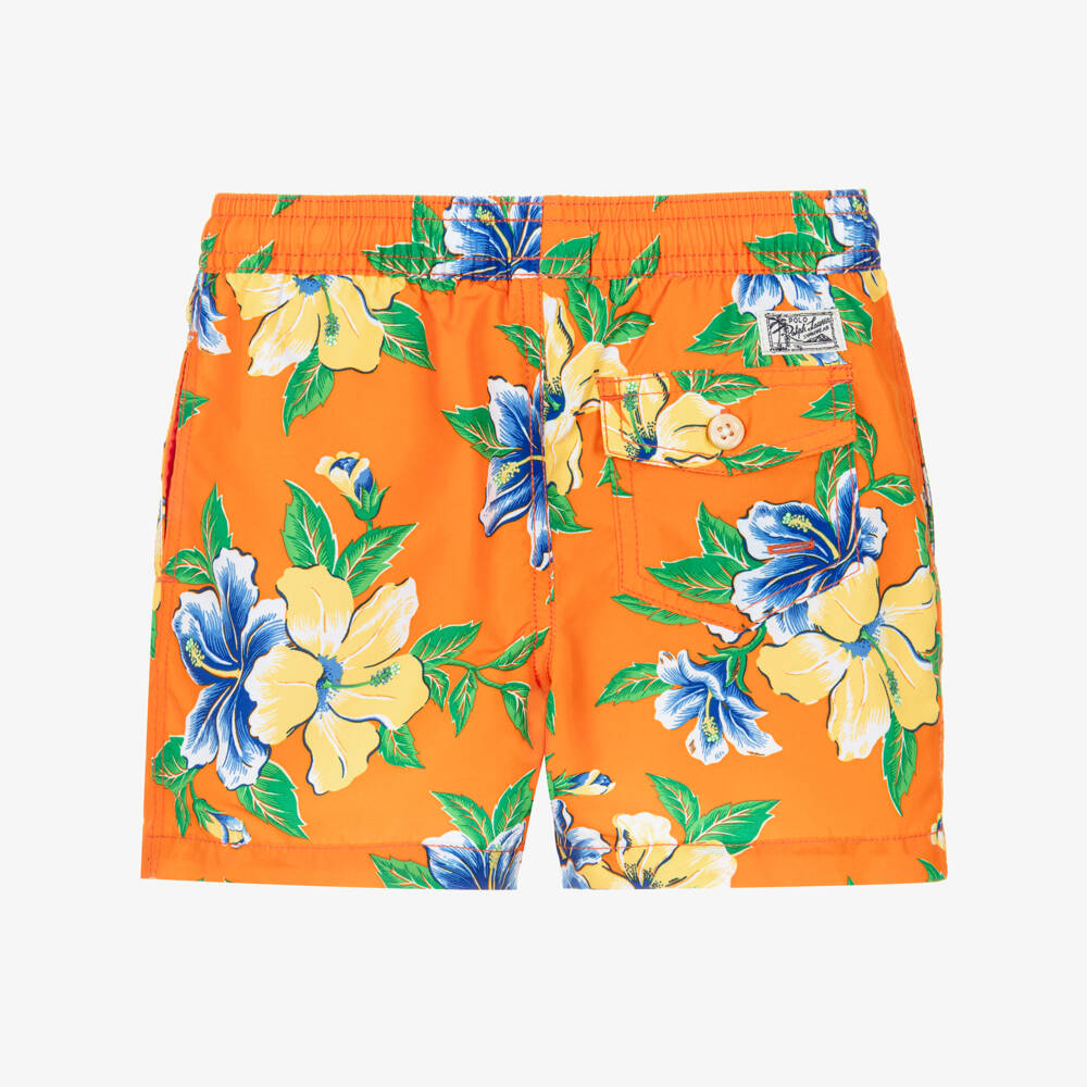 Ralph Lauren-Boys Orange Hibiscus Print Swim Shorts | Childrensalon