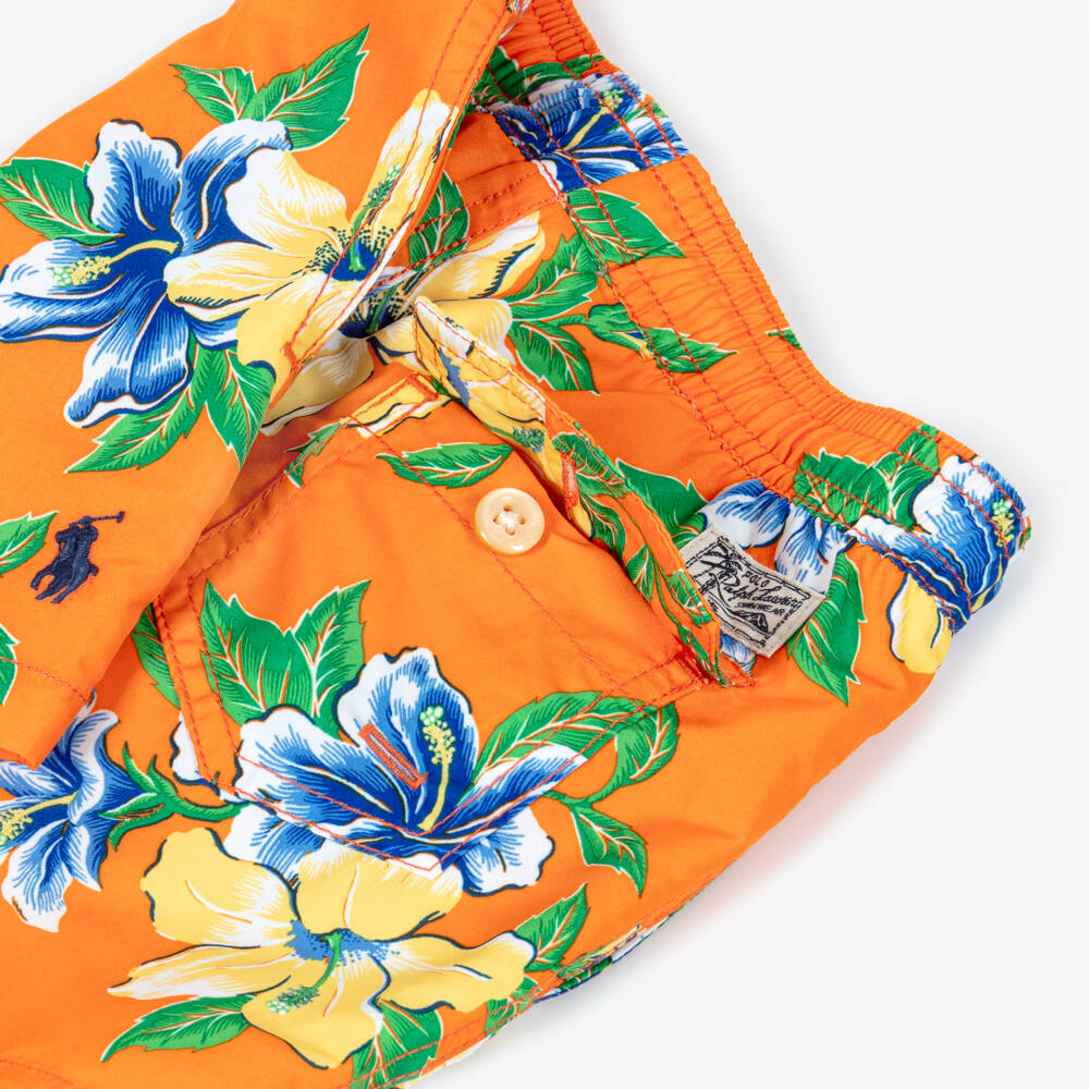 Ralph Lauren-Boys Orange Hibiscus Print Swim Shorts | Childrensalon