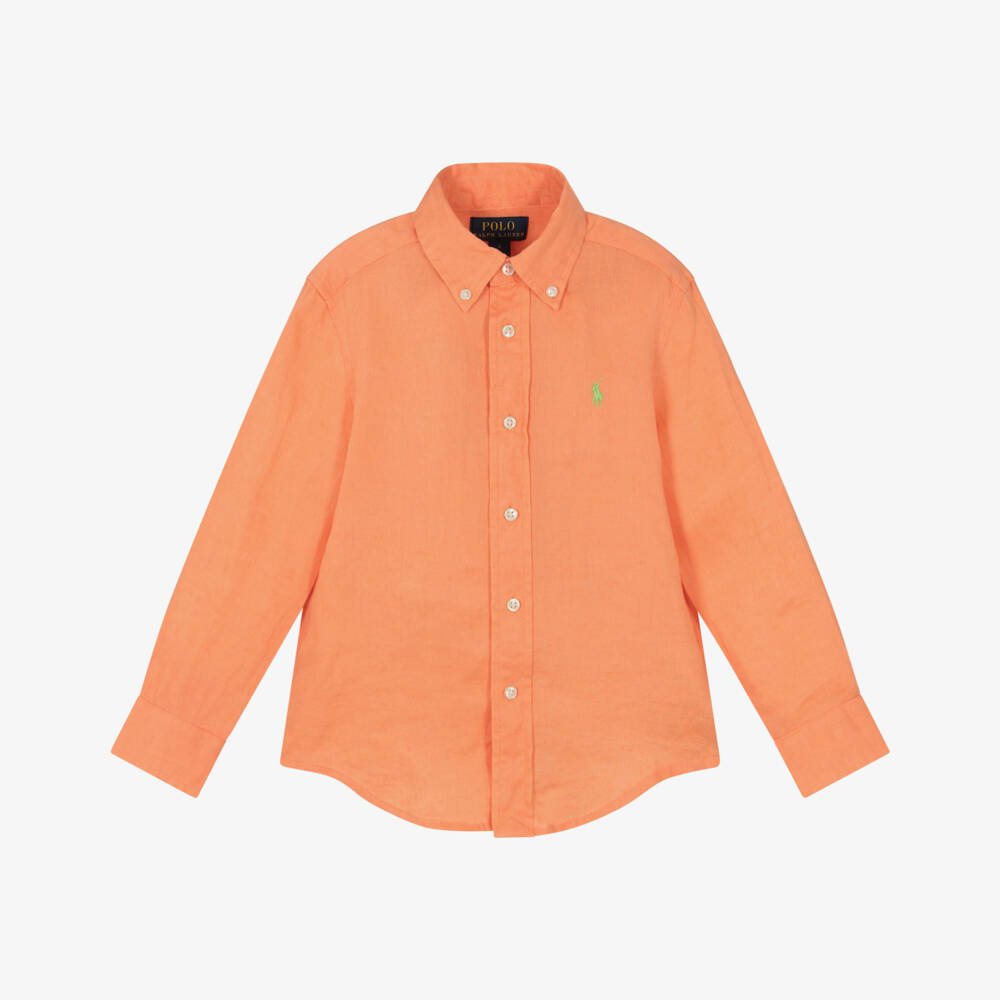 Ralph Lauren-Boys Orange Linen Shirt with Pony Logo | Childrensalon