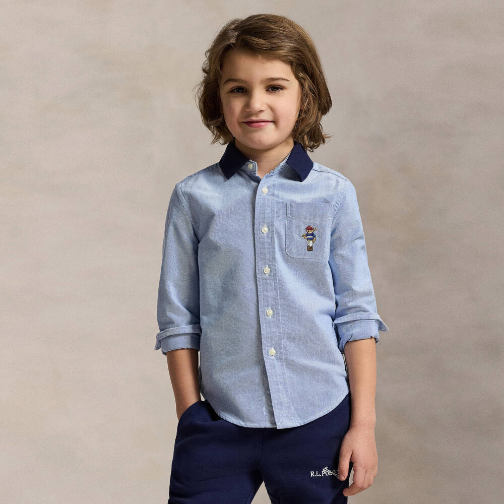 Ralph Lauren-Рубашка голубая из хлопка с вышивкой мишки Поло для мальчиков | Childrensalon