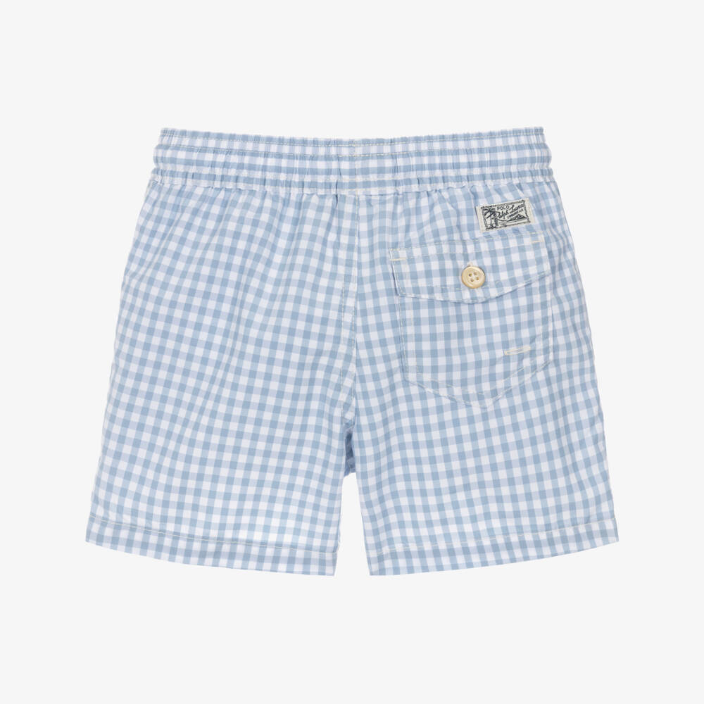 Ralph Lauren-Boys Pale Blue Gingham Swim Shorts with Pony Logo | Childrensalon