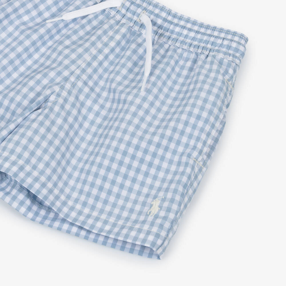 Ralph Lauren-Boys Pale Blue Gingham Swim Shorts with Pony Logo | Childrensalon