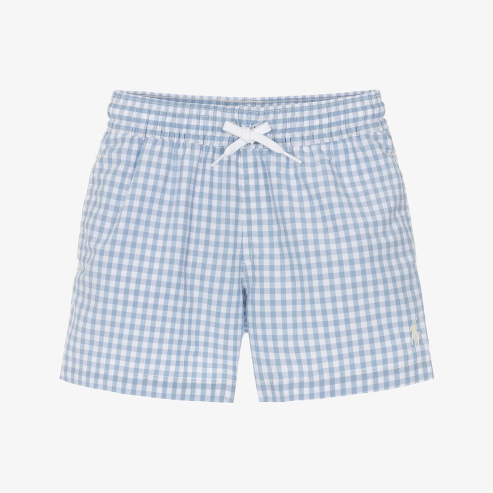 Ralph Lauren-Boys Pale Blue Gingham Swim Shorts with Pony Logo | Childrensalon