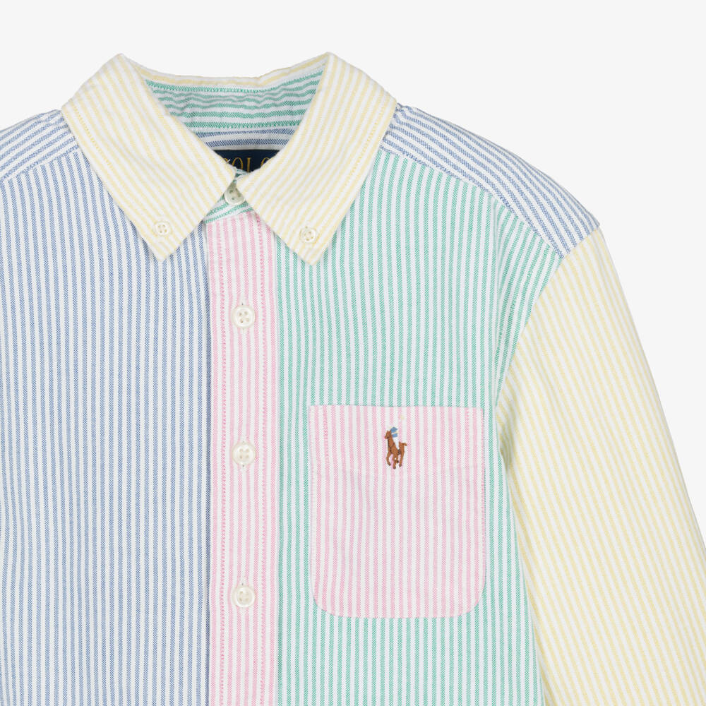 Ralph Lauren-Boys Pastel Blue & Green Striped Oxford Cotton Shirt | Childrensalon