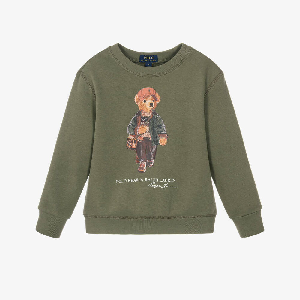 Ralph Lauren-Boys Polo Bear Sweatshirt in Khaki Green | Childrensalon