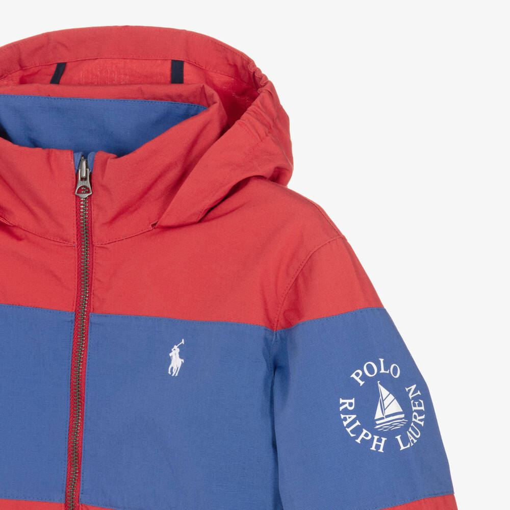 Ralph Lauren-Boys Red & Blue Cotton Packable Hooded Windbreaker | Childrensalon