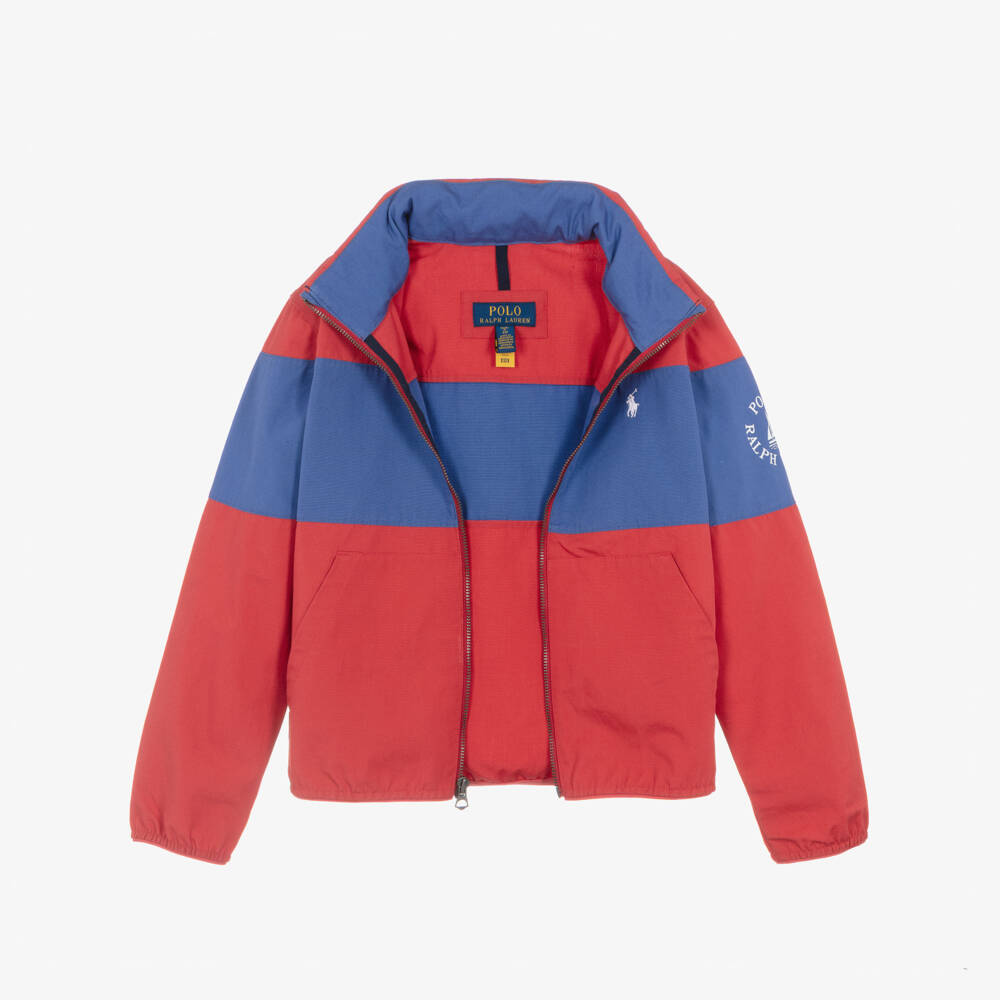 Ralph Lauren-Boys Red & Blue Cotton Packable Hooded Windbreaker | Childrensalon