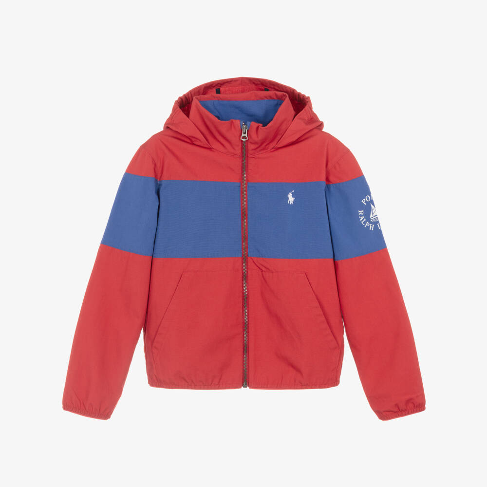 Ralph Lauren-Boys Red & Blue Cotton Packable Hooded Windbreaker | Childrensalon