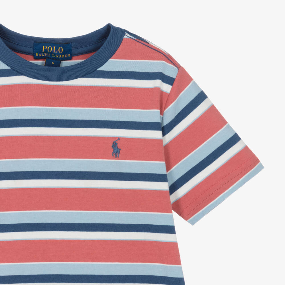 Ralph Lauren-Boys Red & Blue Striped Cotton T-Shirt | Childrensalon