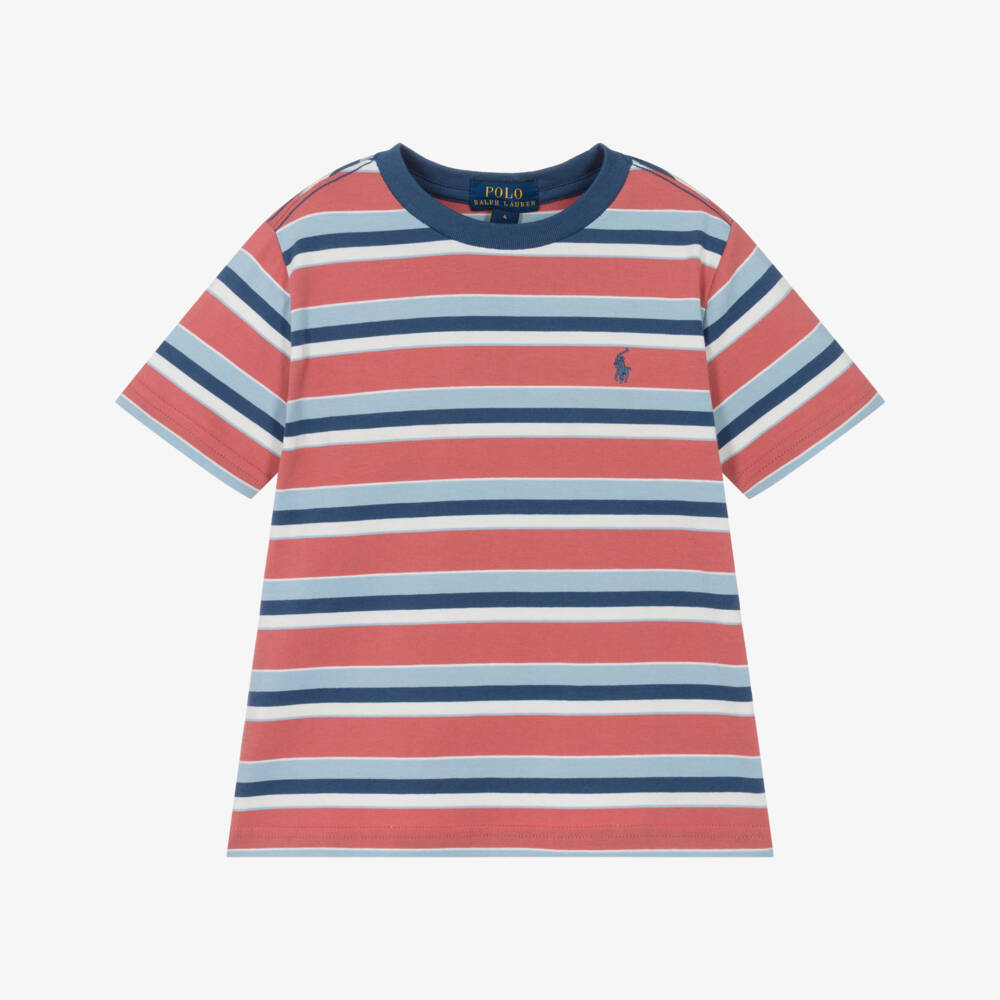 Ralph Lauren-Boys Red & Blue Striped Cotton T-Shirt | Childrensalon