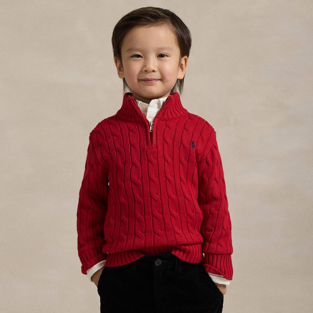 Ralph Lauren-Boys Red Cable Knit Cotton Quarter-Zip Sweater | Childrensalon