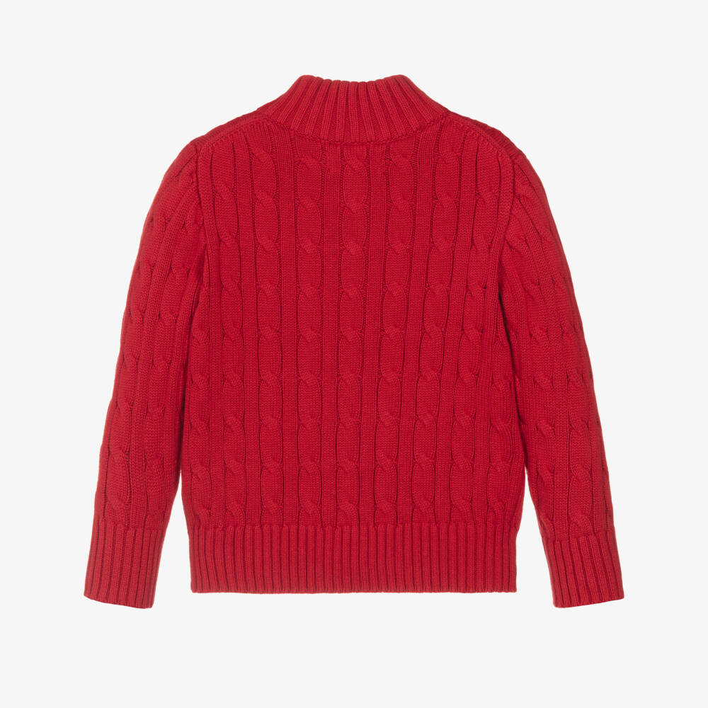 Ralph Lauren-Boys Red Cable Knit Cotton Quarter-Zip Sweater | Childrensalon