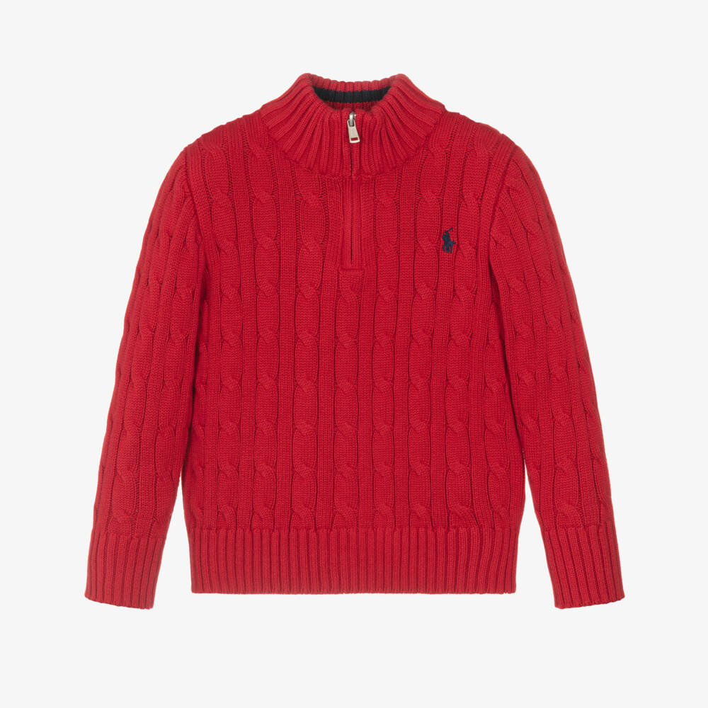 Ralph Lauren-Boys Red Cable Knit Cotton Quarter-Zip Sweater | Childrensalon