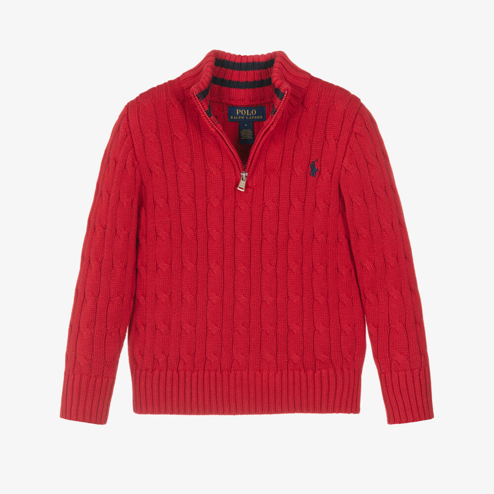 Ralph Lauren-Boys Red Cable Knit Cotton Quarter-Zip Sweater | Childrensalon