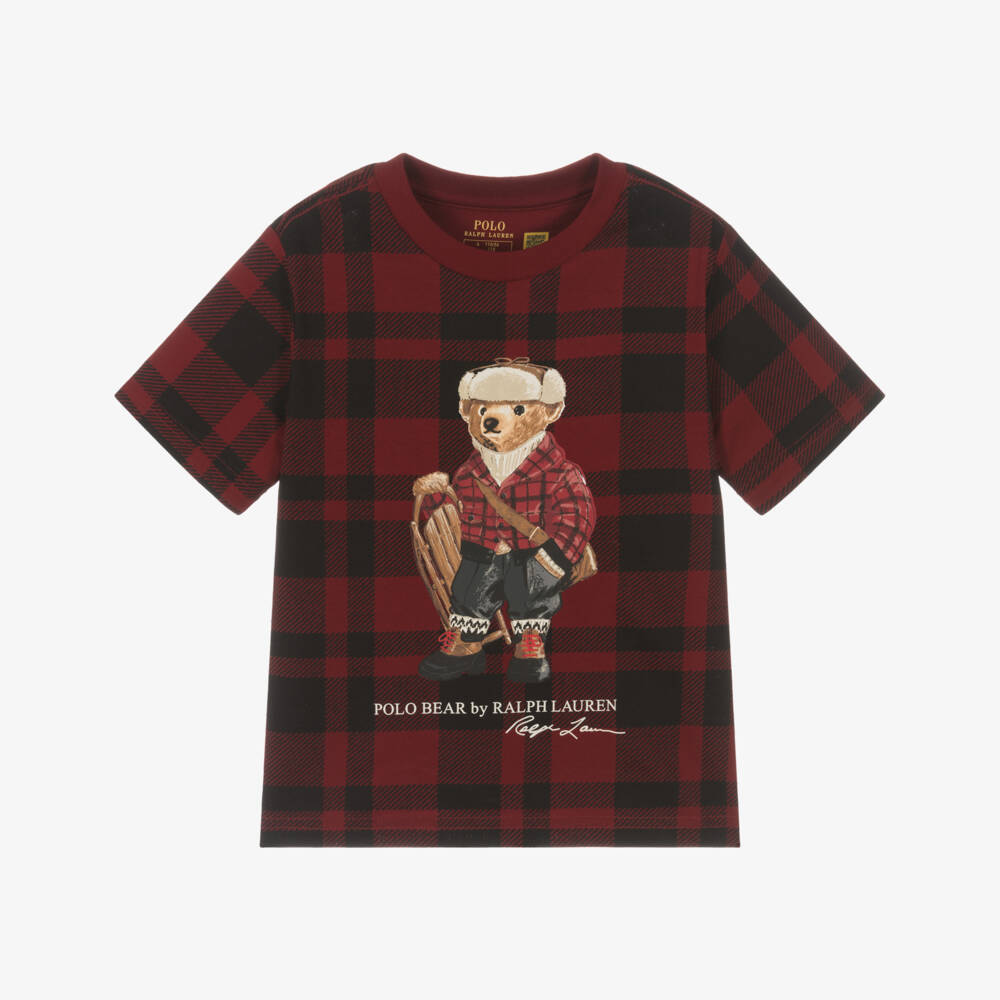 Ralph Lauren-Boys Red Check Polo Bear Cotton T-Shirt | Childrensalon