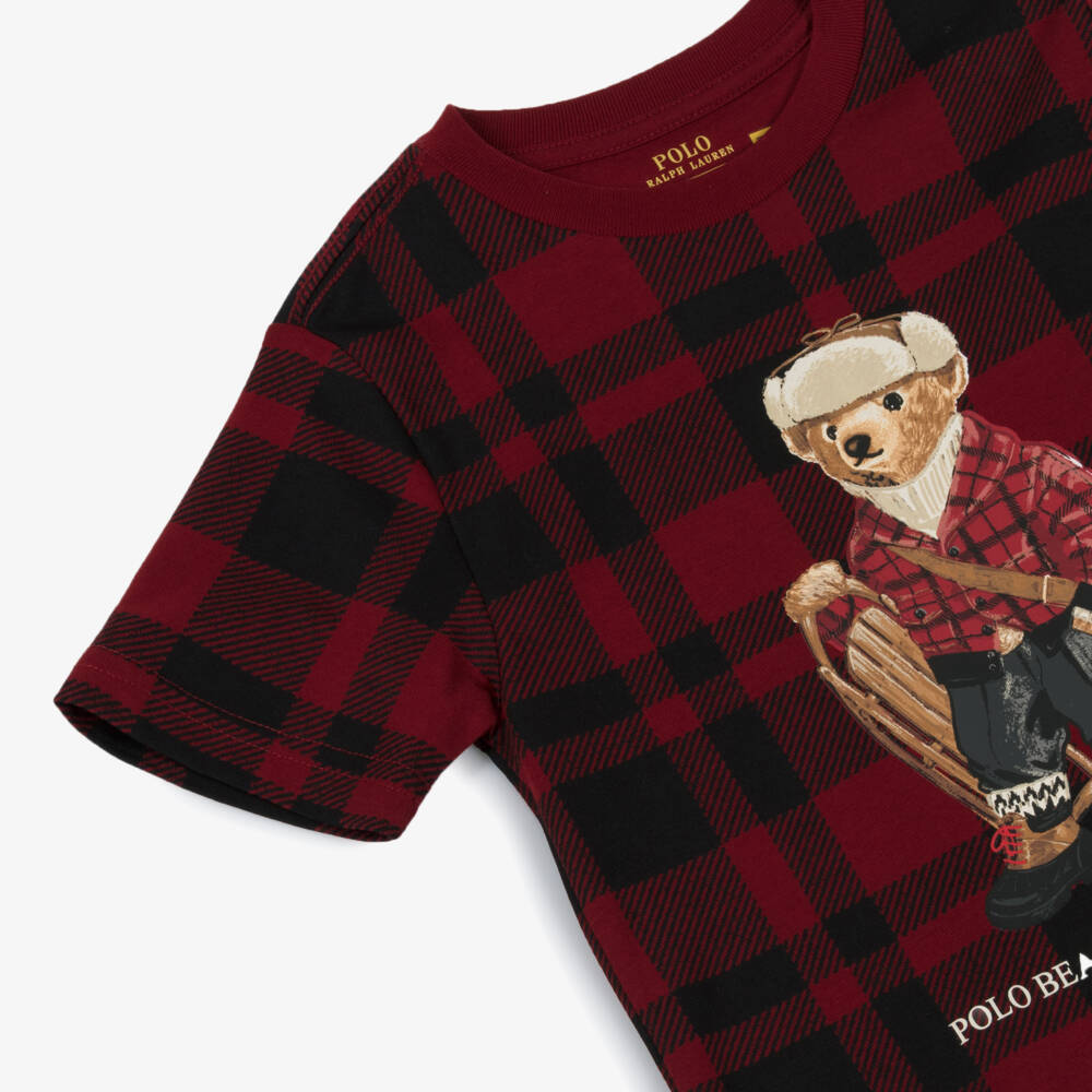 Ralph Lauren-Boys Red Check Polo Bear Cotton T-Shirt | Childrensalon