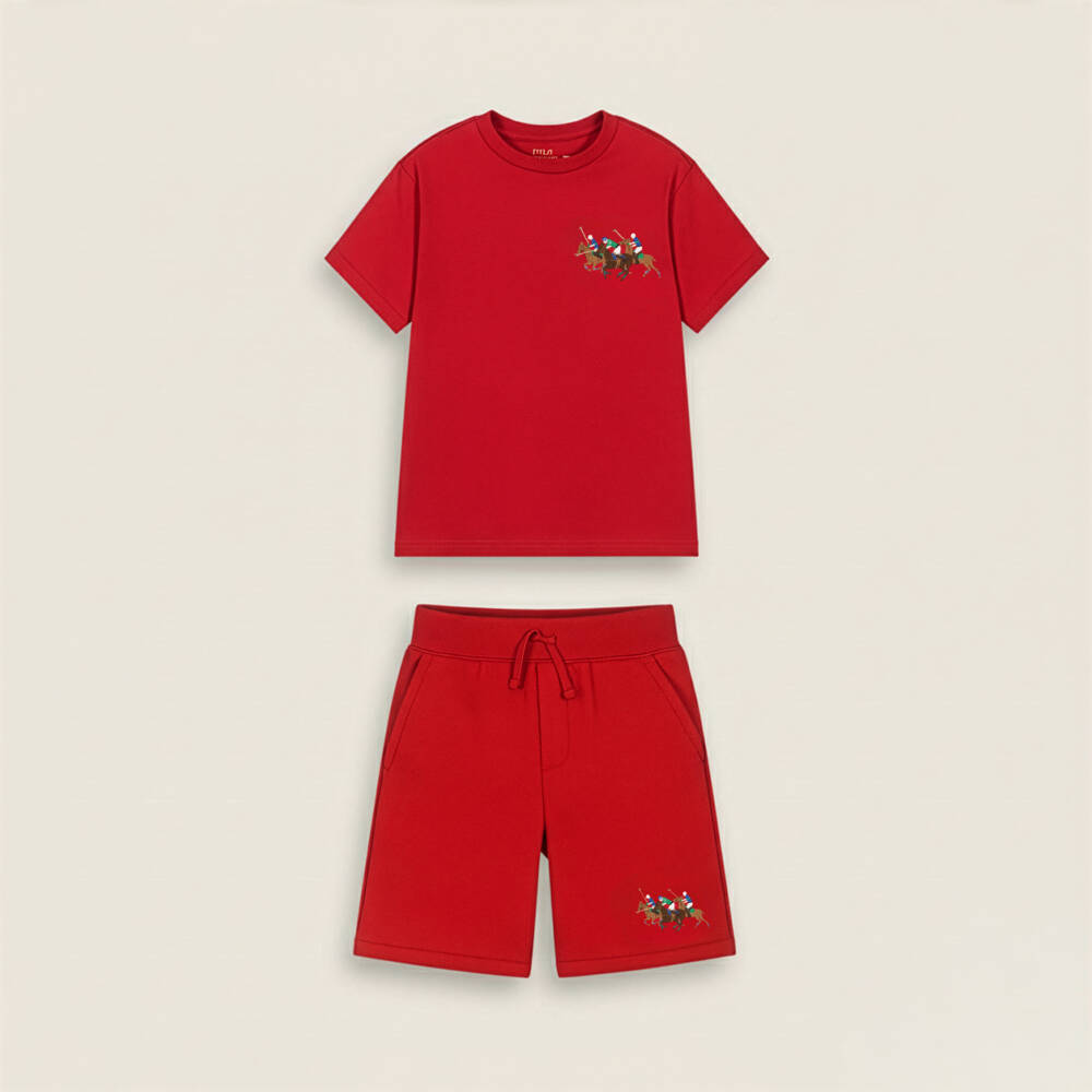 Ralph Lauren-Boys Red Cotton Jersey Bermuda Shorts with Triple Pony Logo | Childrensalon