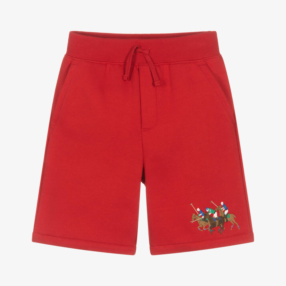 Ralph Lauren-Boys Red Cotton Jersey Bermuda Shorts with Triple Pony Logo | Childrensalon