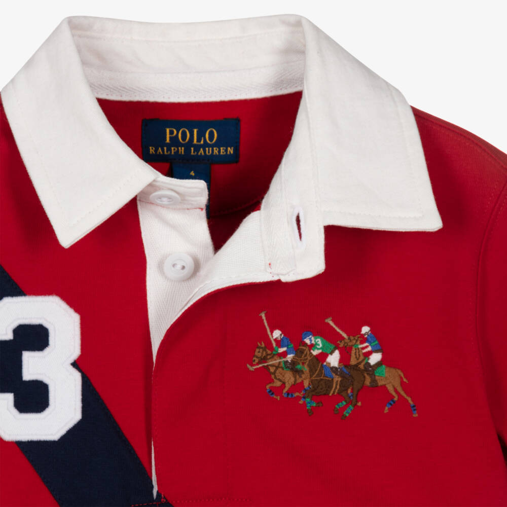 Ralph Lauren-Boys Red Cotton Rugby Style Top with Triple Pony Logo | Childrensalon