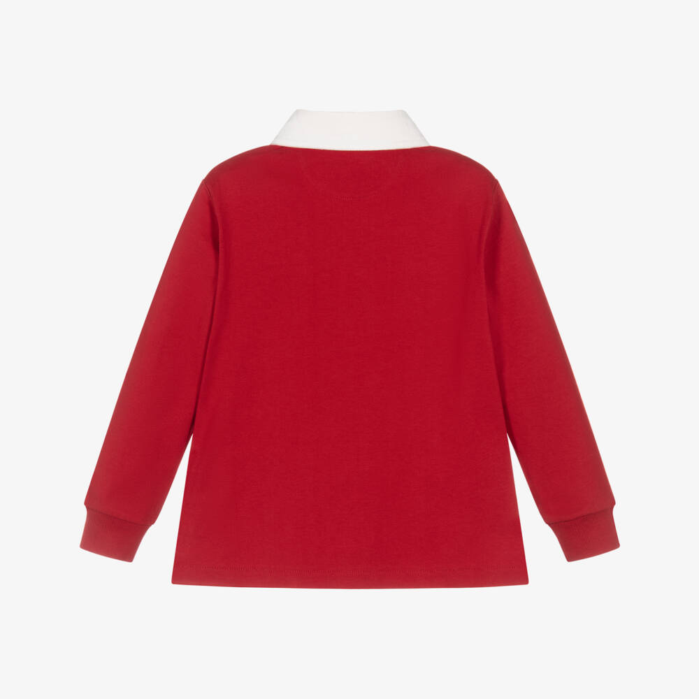Ralph Lauren-Boys Red Cotton Rugby Style Top with Triple Pony Logo | Childrensalon