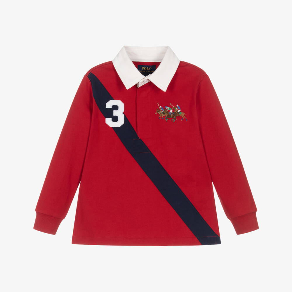 Ralph Lauren-Boys Red Cotton Rugby Style Top with Triple Pony Logo | Childrensalon