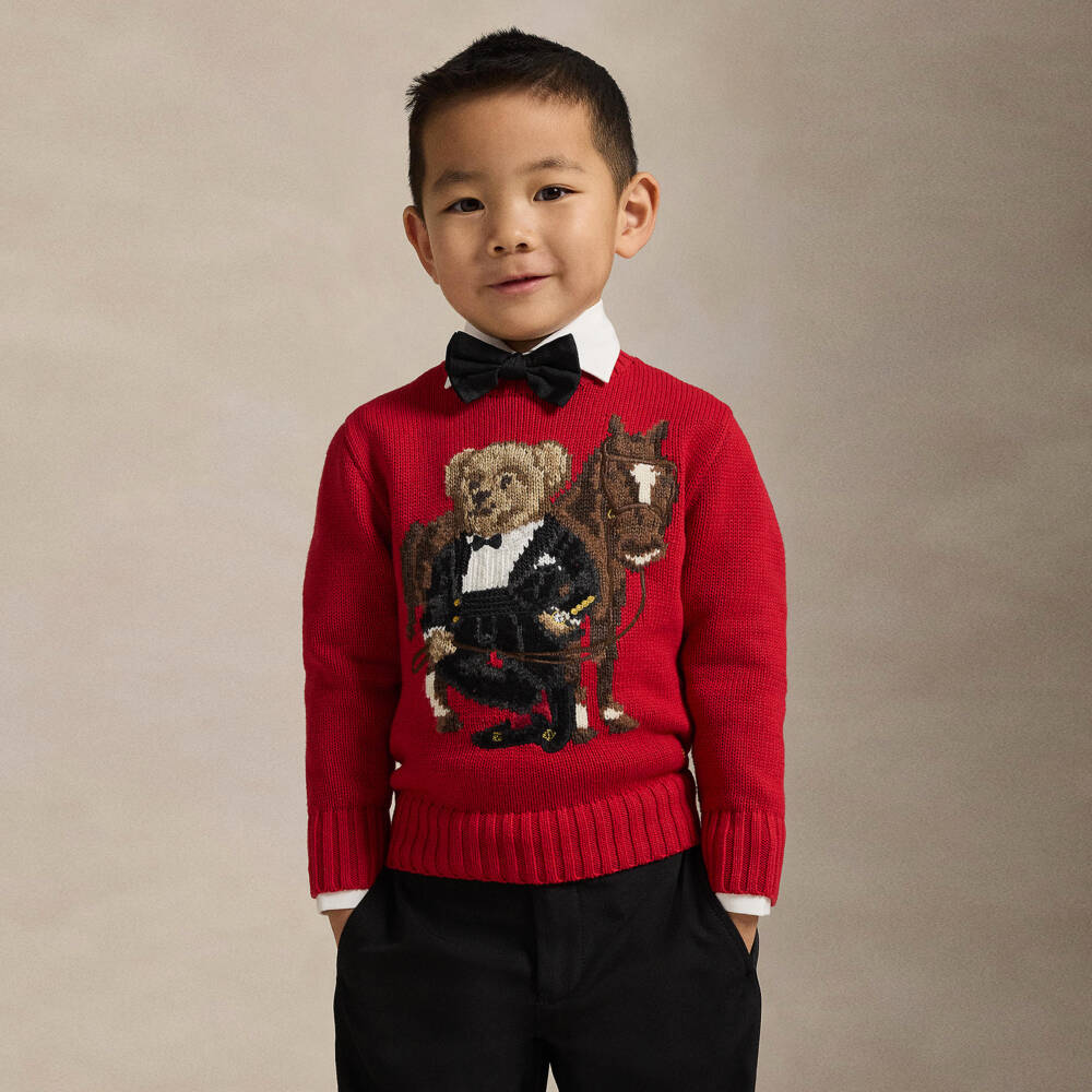 Ralph Lauren-Boys Red Cotton Sweater with Lunar New Year Polo Bear Logo | Childrensalon