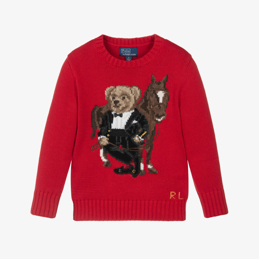 Ralph Lauren-Boys Red Cotton Sweater with Lunar New Year Polo Bear Logo | Childrensalon