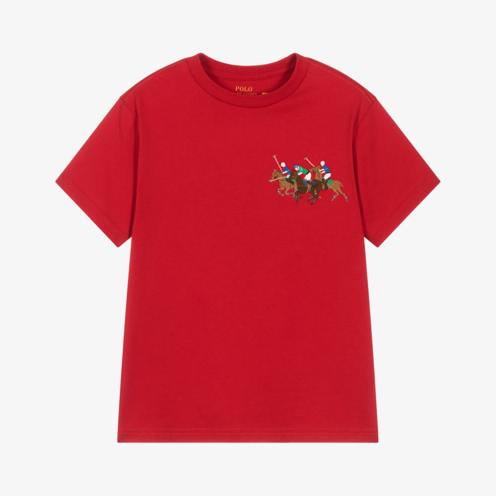 Ralph Lauren-Boys Red Cotton T-Shirt with Triple Pony Logo | Childrensalon
