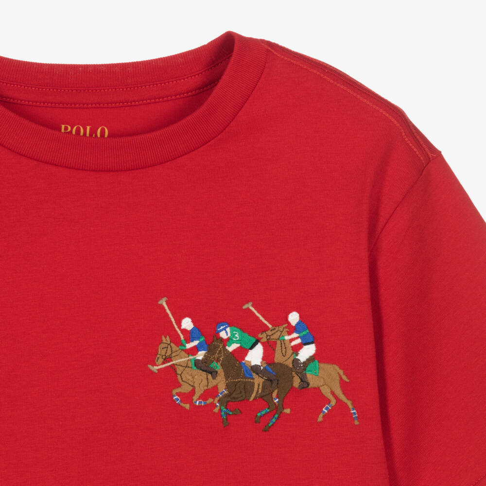 Ralph Lauren-Boys Red Cotton T-Shirt with Triple Pony Logo | Childrensalon