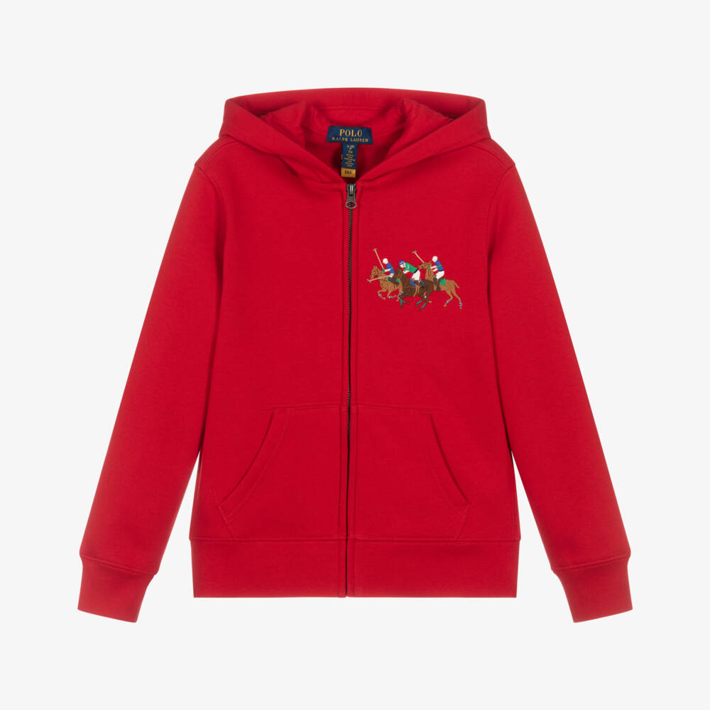 Ralph Lauren-Boys Red Cotton Zip-Up Hoodie | Childrensalon
