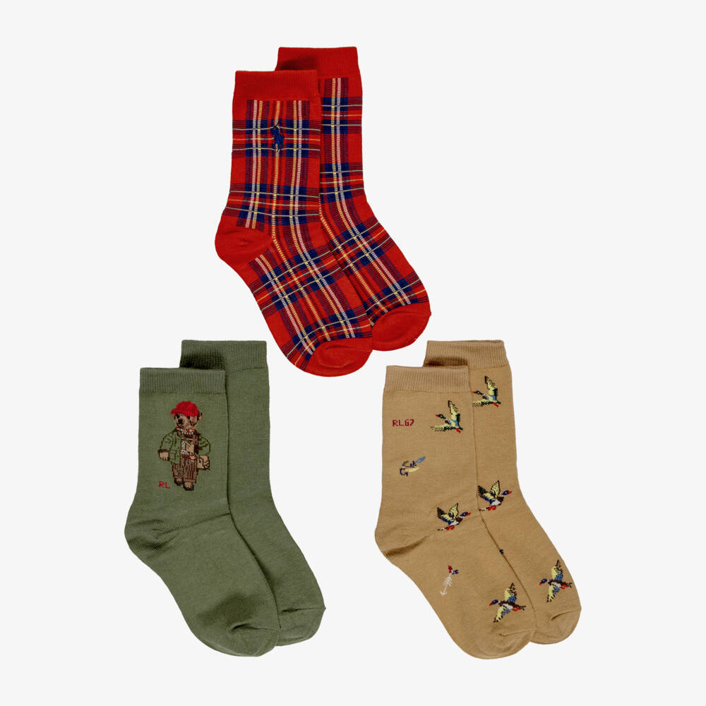 Ralph Lauren-Boys Red & Green Polo Bear Socks (3 Pack) | Childrensalon