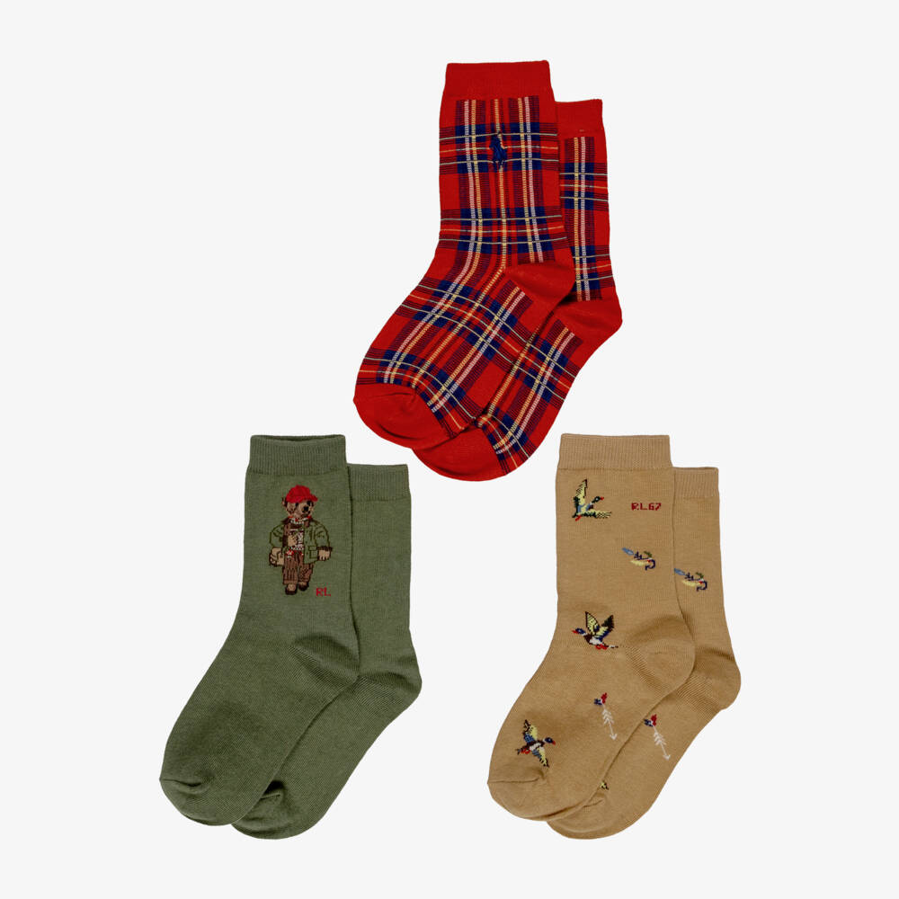 Ralph Lauren-Boys Red & Green Polo Bear Socks (3 Pack) | Childrensalon