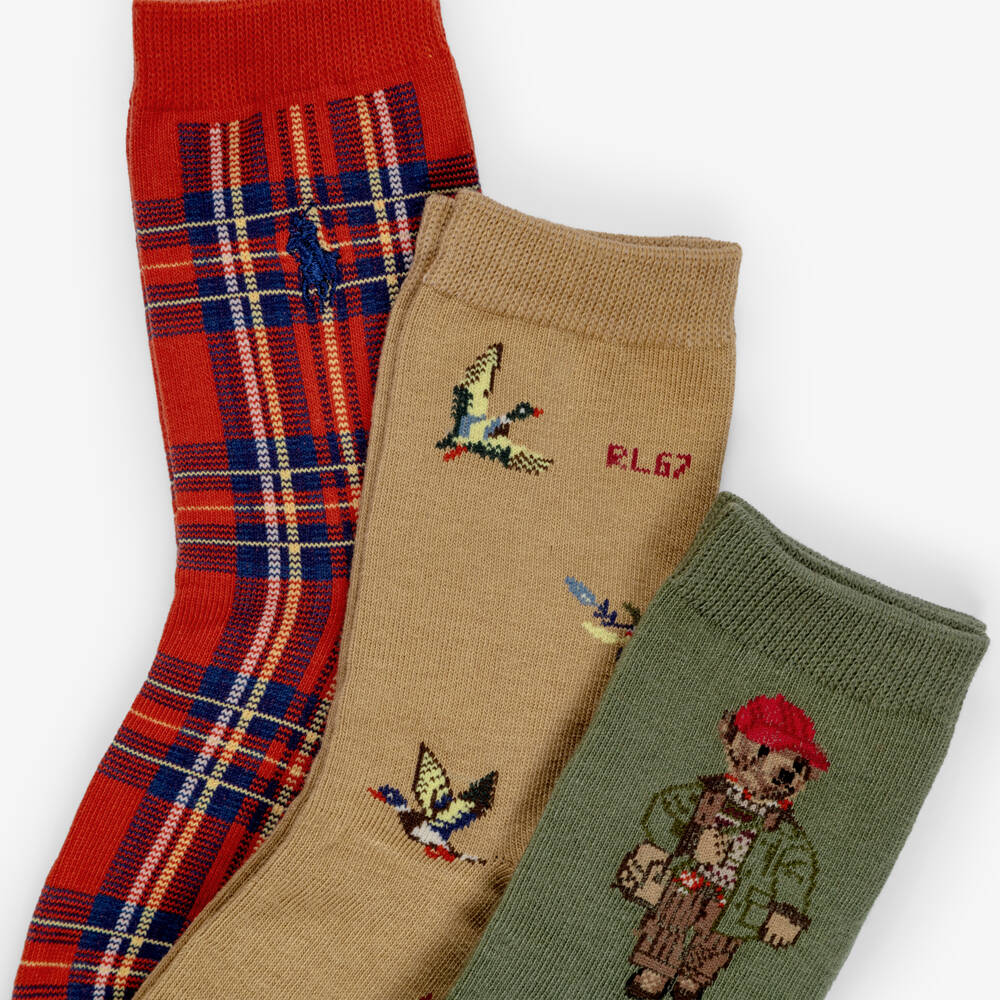 Ralph Lauren-Boys Red & Green Polo Bear Socks (3 Pack) | Childrensalon