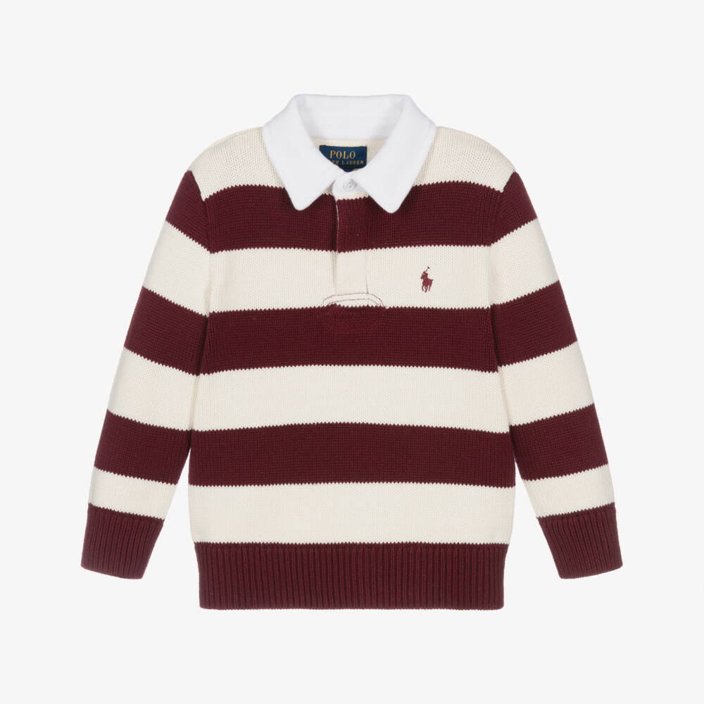 Ralph Lauren-Boys Red & Ivory Stripe Cotton Knit Rugby Sweater | Childrensalon