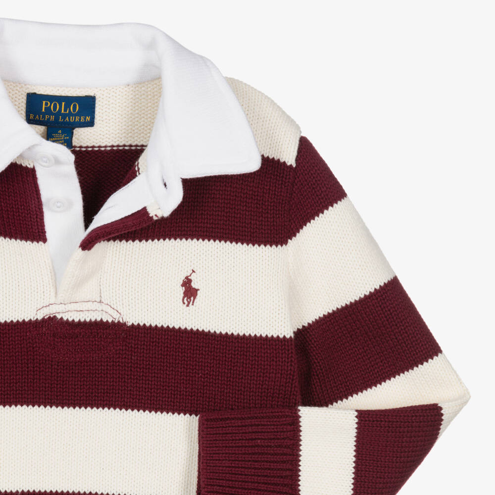Ralph Lauren-Boys Red & Ivory Stripe Cotton Knit Rugby Sweater | Childrensalon