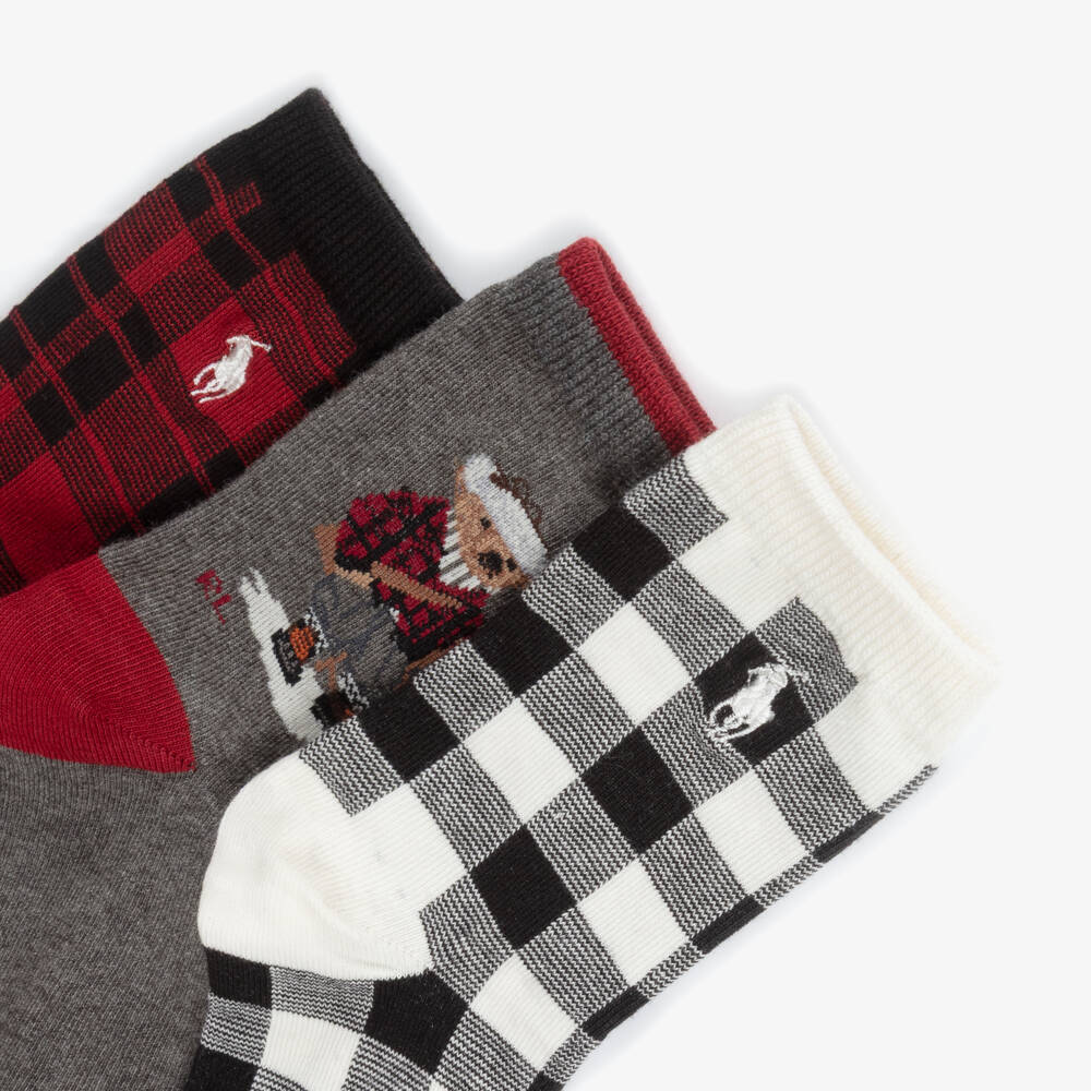 Ralph Lauren-Boys Red Knitted Ankle Socks with Polo Bear Motif (3 Pack) | Childrensalon