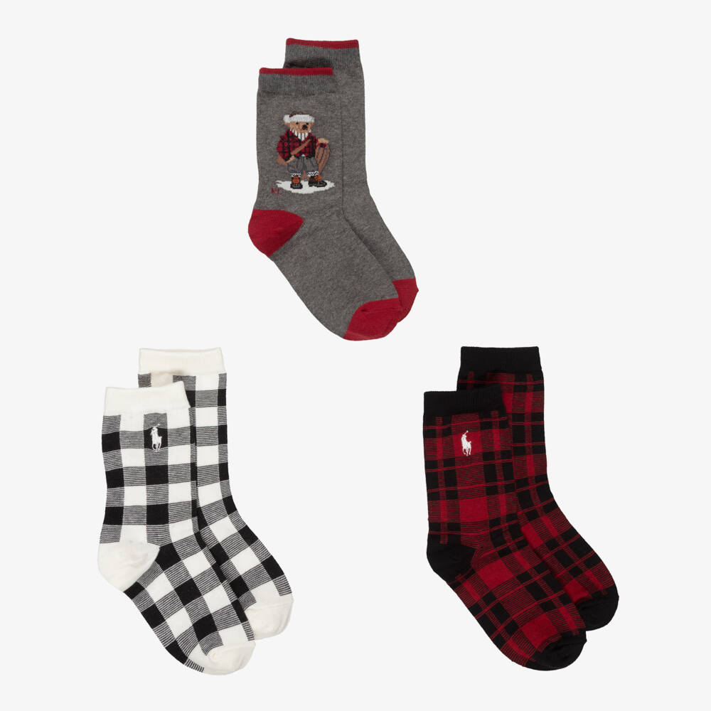 Ralph Lauren-Boys Red Knitted Ankle Socks with Polo Bear Motif (3 Pack) | Childrensalon