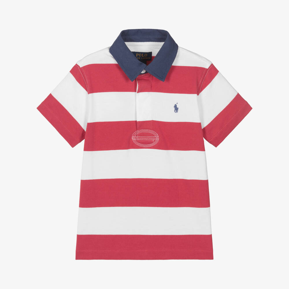 Ralph Lauren-Boys Red Striped Cotton Short Sleeve Rugby Shirt | Childrensalon
