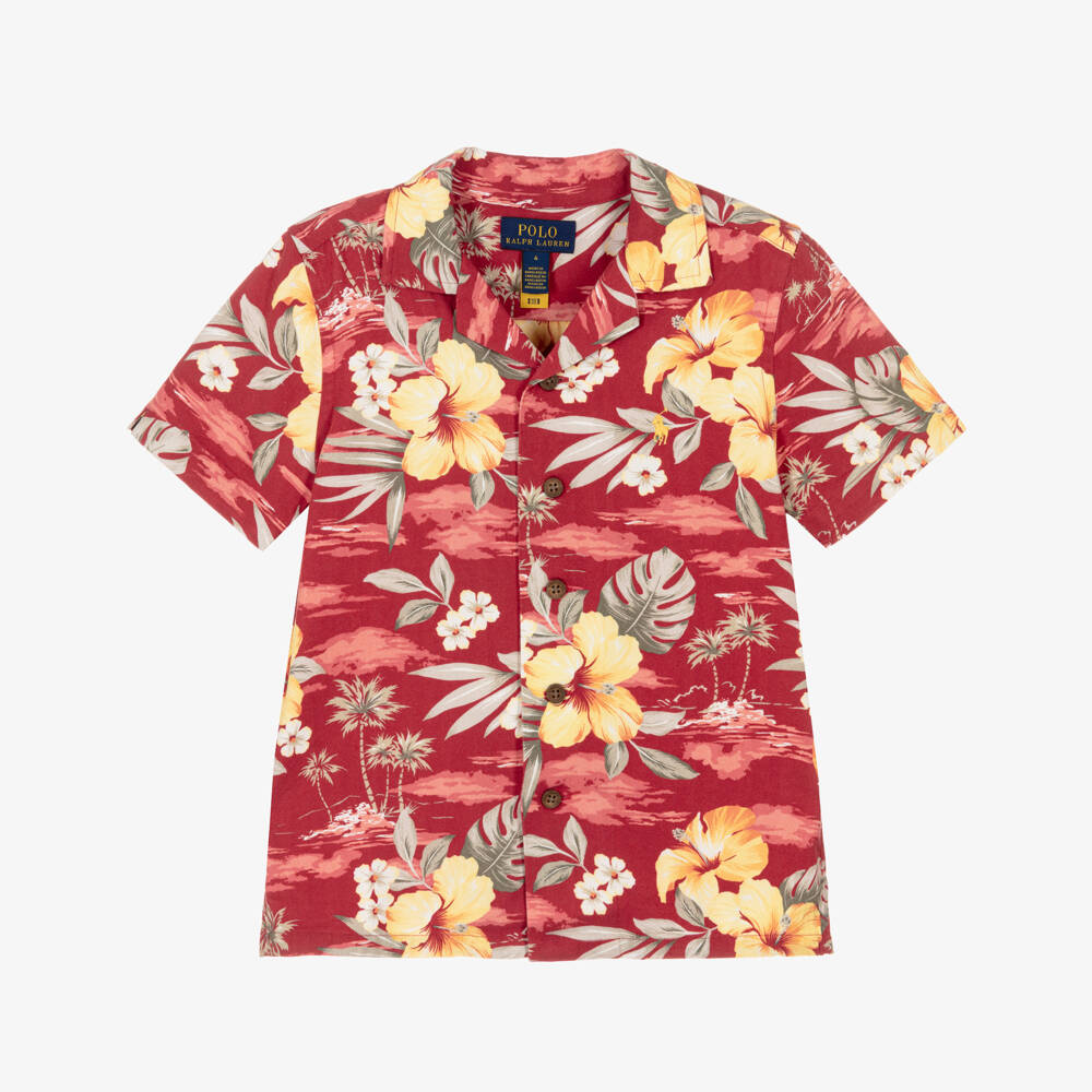 Ralph Lauren-قميص بطبعة تروبيكال وياقة مفتوحة لون أحمر للأولاد | Childrensalon