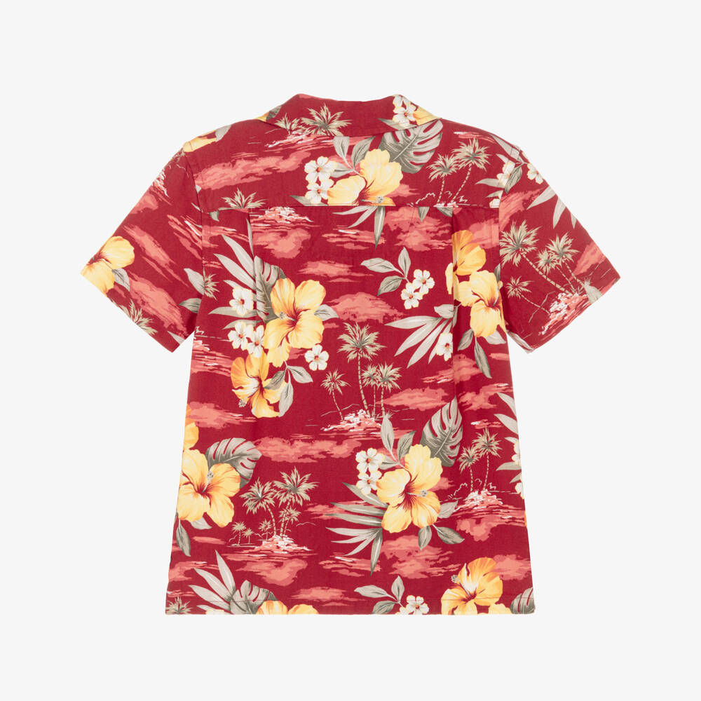 Ralph Lauren-قميص بطبعة تروبيكال وياقة مفتوحة لون أحمر للأولاد | Childrensalon