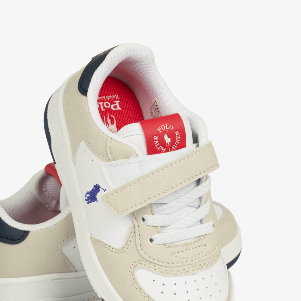 Ralph Lauren-Boys White & Beige Faux Leather Velcro Trainers | Childrensalon